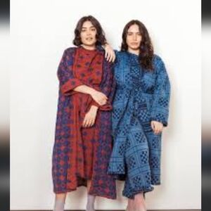 Geometric Print Long Open Duster Coatigan - Navy & Rust